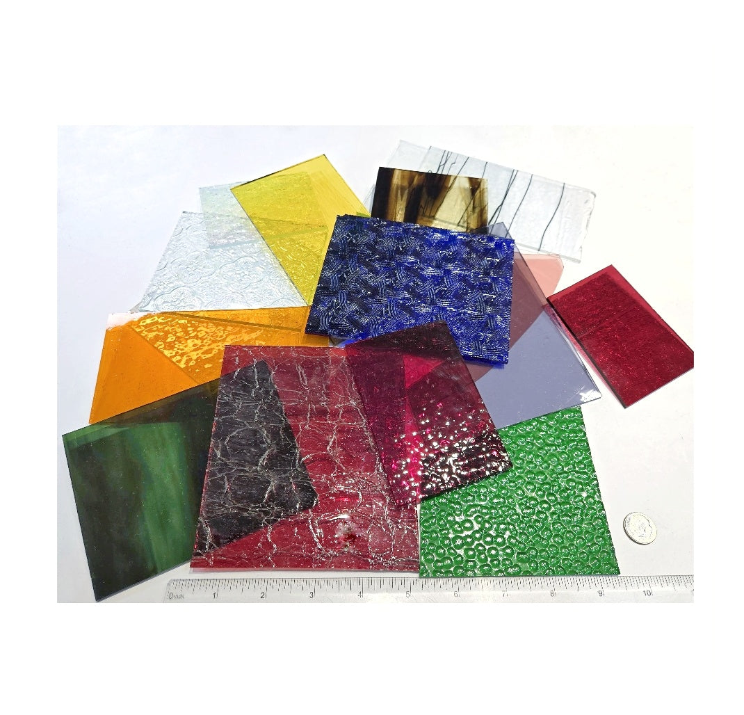 Scrap, Stained Glass Sheets, Pieces. See thru colors Blue Green, Orange, Pinks with mix of speciality Textures. DIY mosaics, suncatchers.