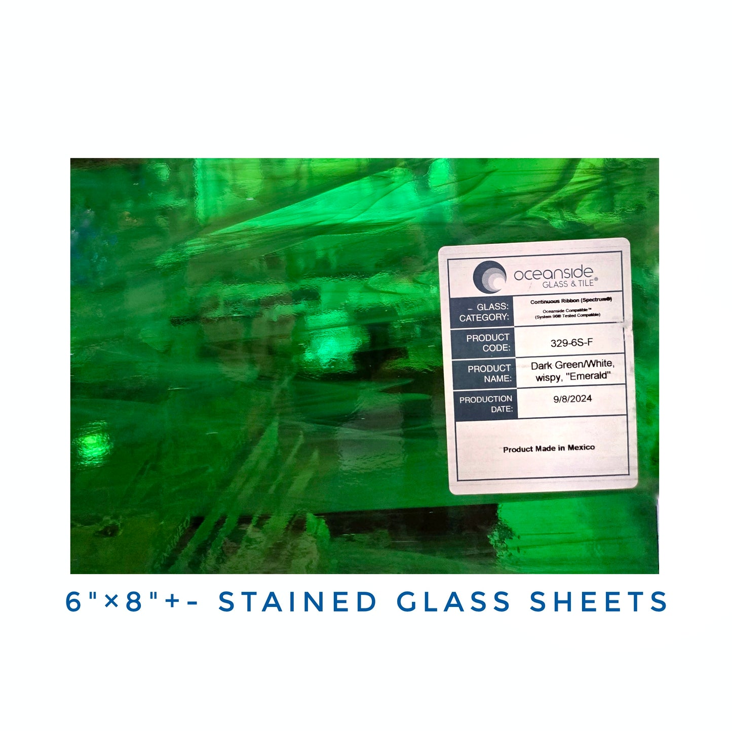 Green Stained Glass Sheets. DIY, Beginner, Advanced. Suncatchers or Mosaic Projects. Oceanside sheets 6"× 8"+- Wispy.