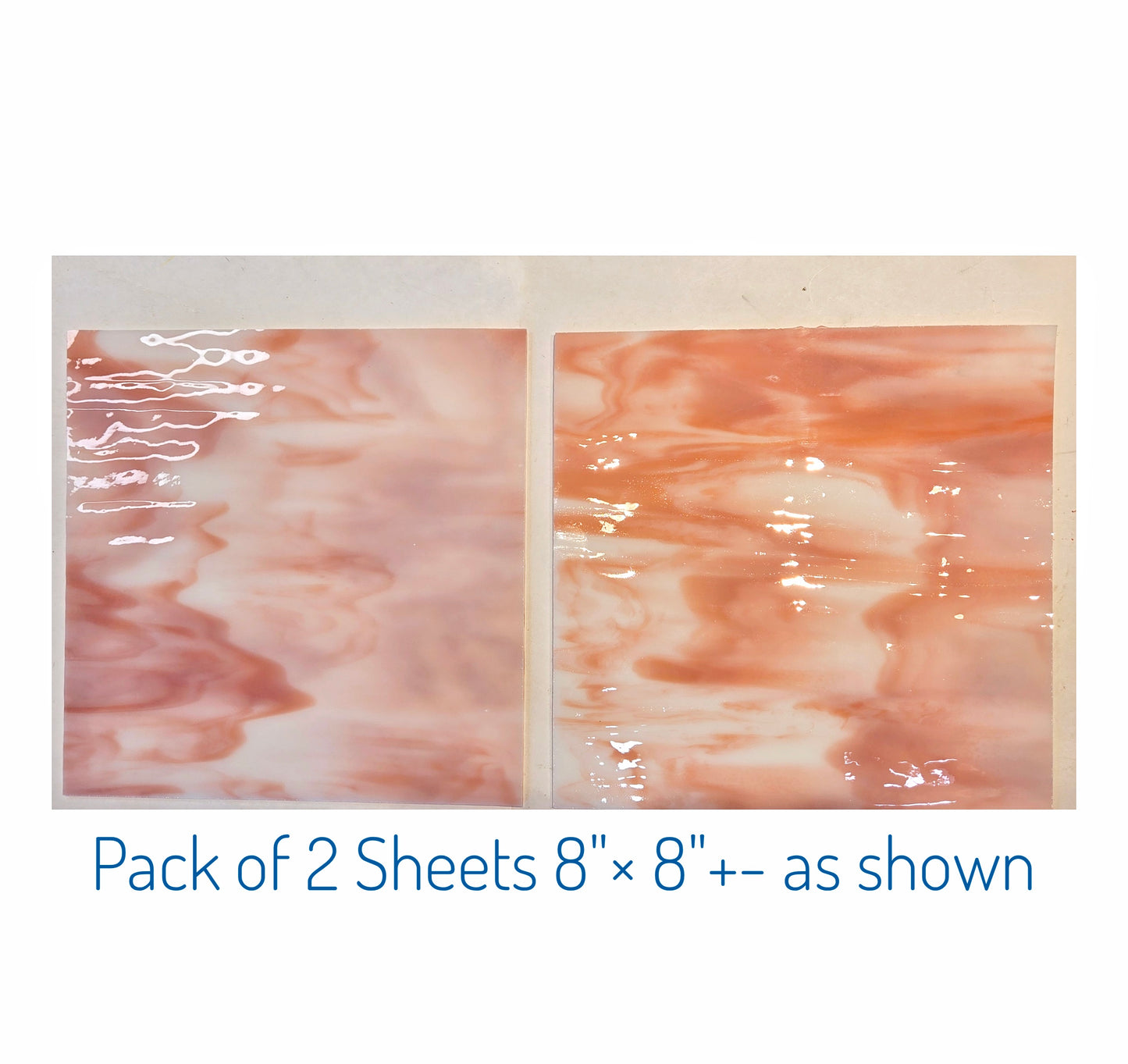 Stained Glass Sheets. Salmon & White Opalescent. Bullseye Vintage. 2 pieces, 5"× 8"+- OR 2 pieces 8"× 8"+-.
