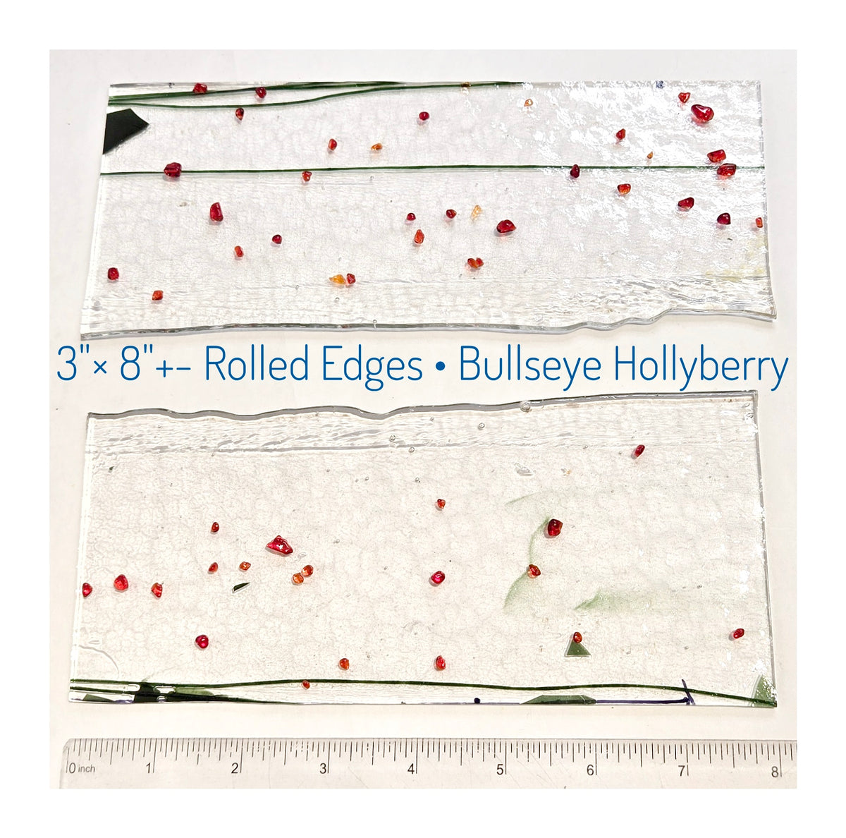 Rolled Edges, Bullseye Collage Stained Glass, 3"× 8"+-. Holly Berry, Red Frit & Green Streamers. Coe 90. Diy.
