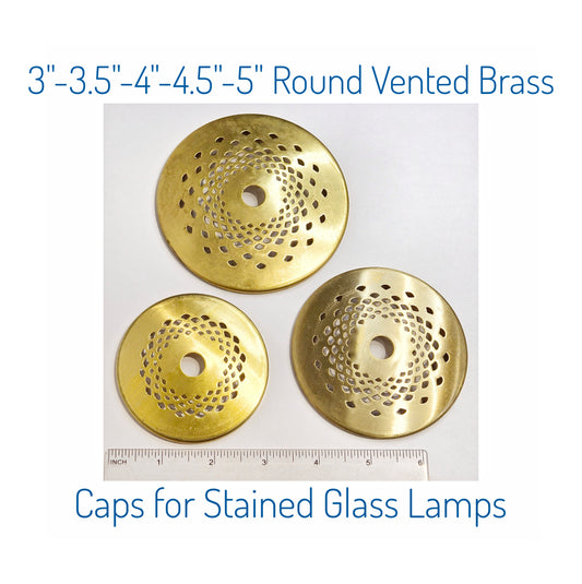 Vented Lamp Cap, Brass. Round Top for Stained Glass Lamp Shades. 5 Sizes, Low Dome with Pretty Filigree. Lightly Tin with Solder for Black Patina.