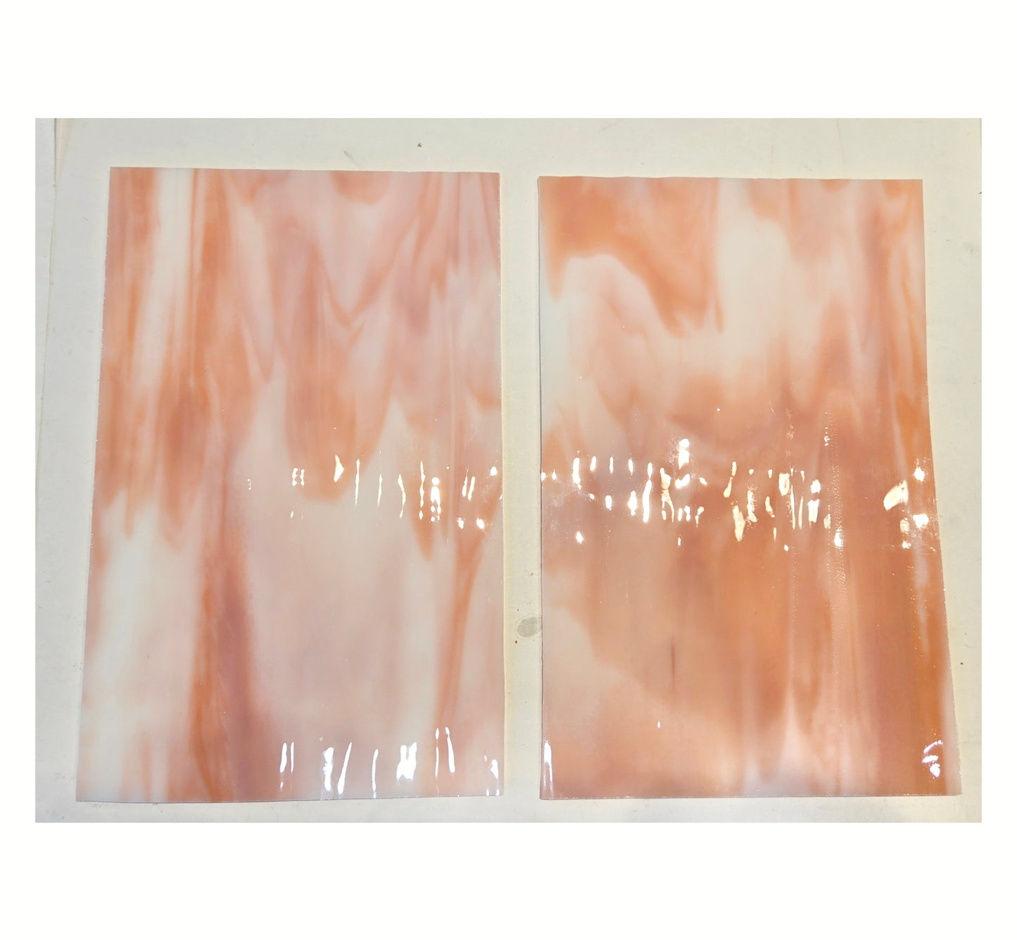 Stained Glass Sheets. Salmon & White Opalescent. Bullseye Vintage. 2 pieces, 5"× 8"+- OR 2 pieces 8"× 8"+-.