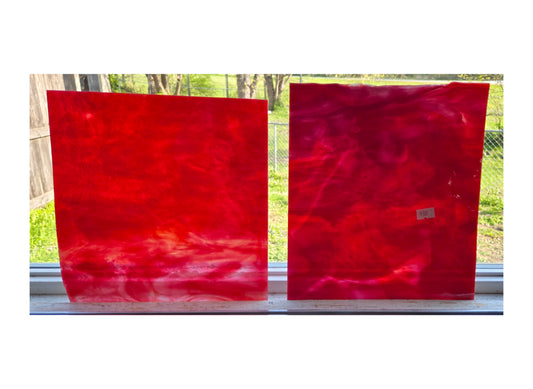 Pink Cranberry Red Stained Glass Sheets. Bullseye  non-fusible. 2 Pieces 7"× 8" One Rolled Edge on each. Vintage.