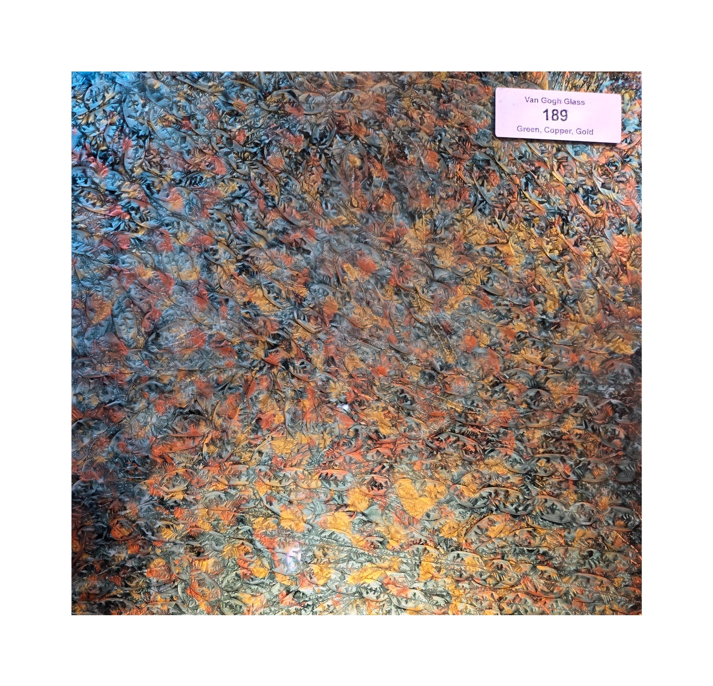 Van Gogh, Green, Copper & Gold. Metallic Mirror-like depth. Sparkly Paint is sealed on the back with dark Gray.
