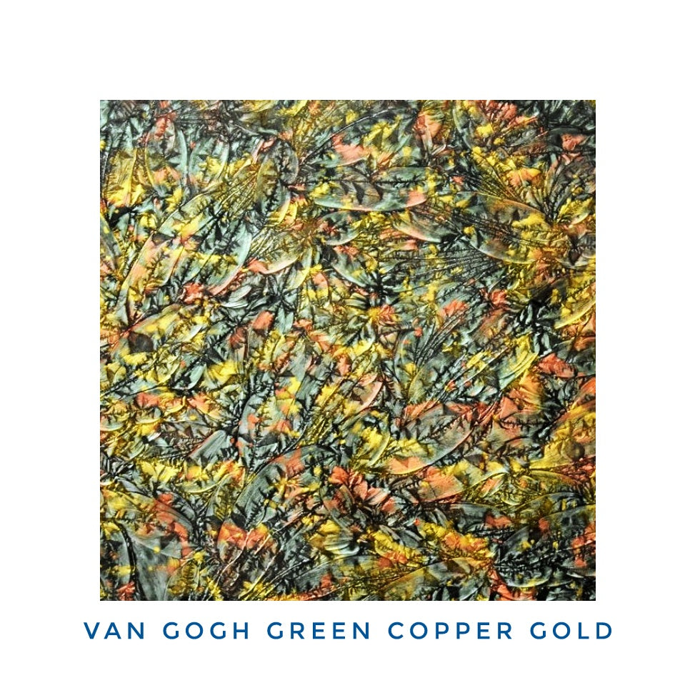 Van Gogh, Green, Copper & Gold. Metallic Mirror-like depth. Sparkly Paint is sealed on the back with dark Gray.