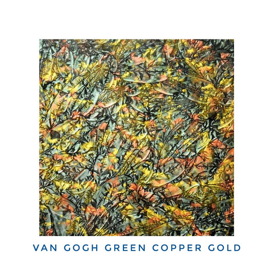 Van Gogh, Green, Copper & Gold. Metallic Mirror-like depth. Sparkly Paint is sealed on the back with dark Gray.
