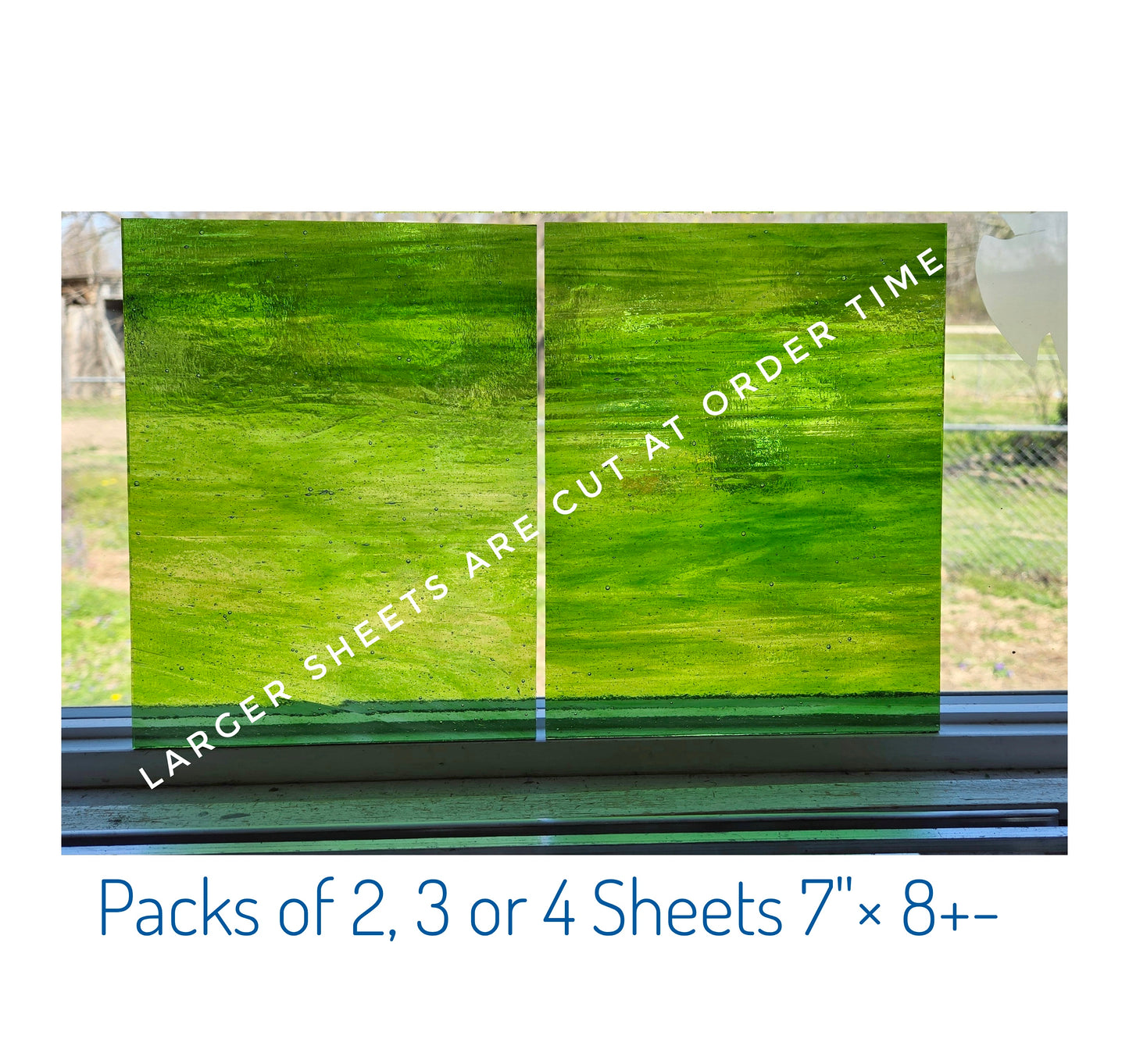 Green Stained Glass Sheets. DIY, Beginner, Advanced. Suncatchers or Mosaic Projects. Wissmach Wispy, 2, 3 or 4 sheets 7"× 8"+-.