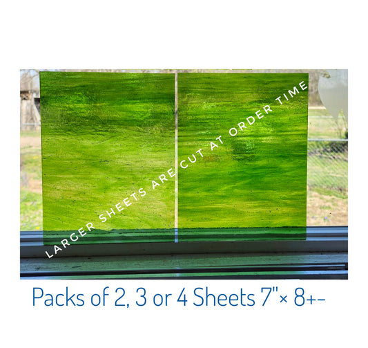 Green Stained Glass Sheets. DIY, Beginner, Advanced. Suncatchers or Mosaic Projects. Wissmach Wispy, 2, 3 or 4 sheets 7"× 8"+-.