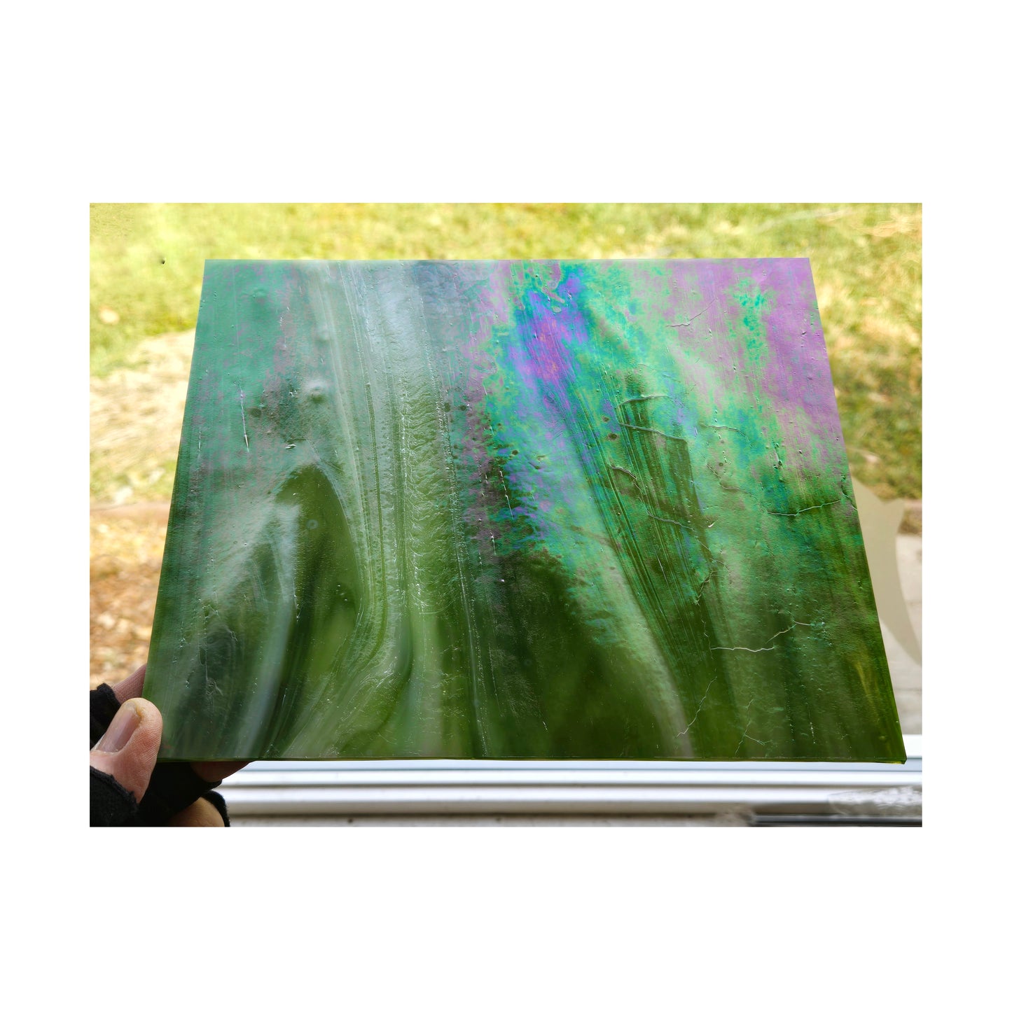 Iridescent Green with White Stained Glass Sheets. Diy, Beginner, Advanced. Suncatchers or Mosaic Art Projects. Wissmach, 7"×8"+-