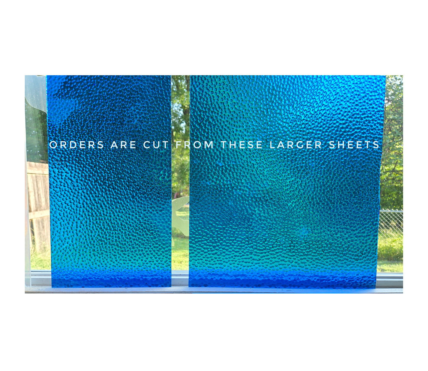 Medium Blue Stained Glass Sheets. Easy to Cut, Hammered Texture. Wissmach Cathedral, See Thru. Has a tint of Aqua Blue.