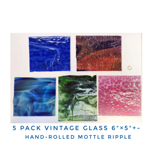 5 Color Stained Glass Pack. Vintage Mottled, Ripple Handmade Sheets. 5"×6" to 6"× 6"+- some with Rolled Edges.