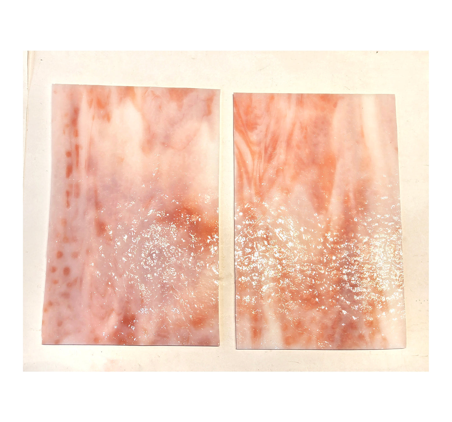 Stained Glass Sheets. Salmon & White Opalescent. Bullseye Vintage. 2 pieces, 5"× 8"+- OR 2 pieces 8"× 8"+-.