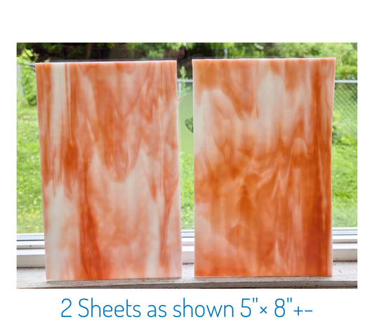 Stained Glass Sheets. Salmon & White Opalescent. Bullseye Vintage. 2 pieces, 5"× 8"+- OR 2 pieces 8"× 8"+-.