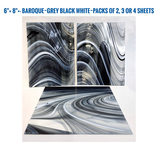 Black White Clear, Stained Glass Sheets. Baroque by Oceanside. Diy Easy to Cut. 6''x 8''+- 2, 3 or 4 Pack.