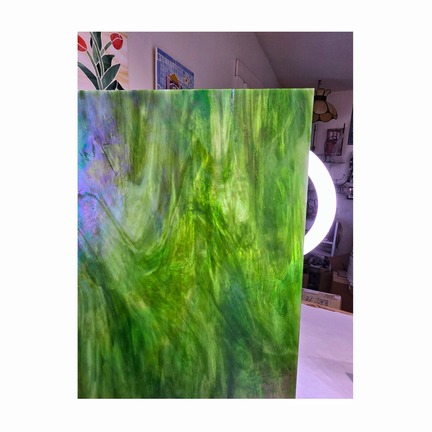 Iridescent Green with White Stained Glass Sheets. Diy, Beginner, Advanced. Suncatchers or Mosaic Art Projects. Wissmach, 7"×8"+-