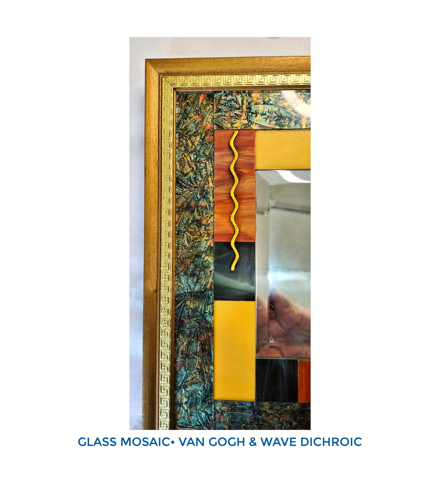 Van Gogh, Green, Copper & Gold. Metallic Mirror-like depth. Sparkly Paint is sealed on the back with dark Gray.