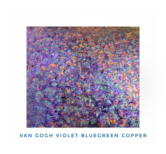 Van Gogh, Violet Bluegreen Copper. Metallic Mirror-like depth. Sparkly Paint is sealed on the back with dark Gray.