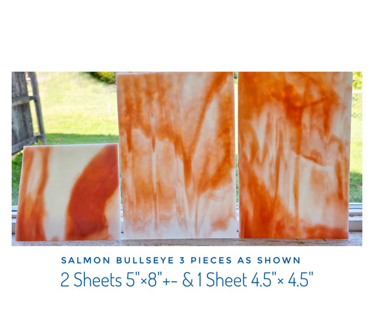 Stained Glass Sheets. Salmon Pink & White Opalescent. Bullseye Vintage. 2 pieces, 5"× 8"+- with 1 piece approx. 4.5 square.
