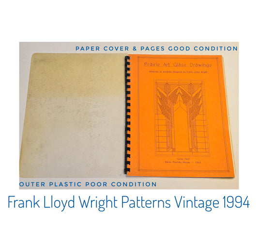 Frank Lloyd Wright Stained Glass Book. Vintage Used from 1994. Patterns Good Condition. Outer Plastic front cover is yellowed. Lovely Architectural book of window patterns.