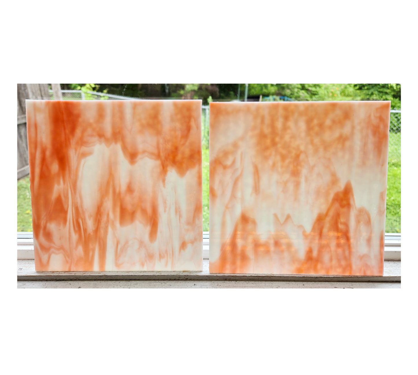Stained Glass Sheets. Salmon & White Opalescent. Bullseye Vintage. 2 pieces, 5"× 8"+- OR 2 pieces 8"× 8"+-.