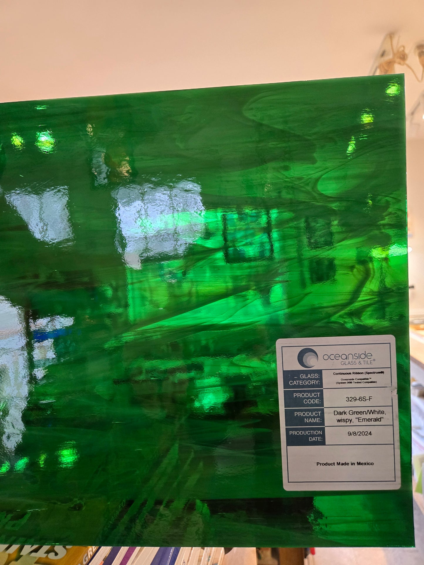 Green Stained Glass Sheets. DIY, Beginner, Advanced. Suncatchers or Mosaic Projects. Oceanside sheets 6"× 8"+- Wispy.