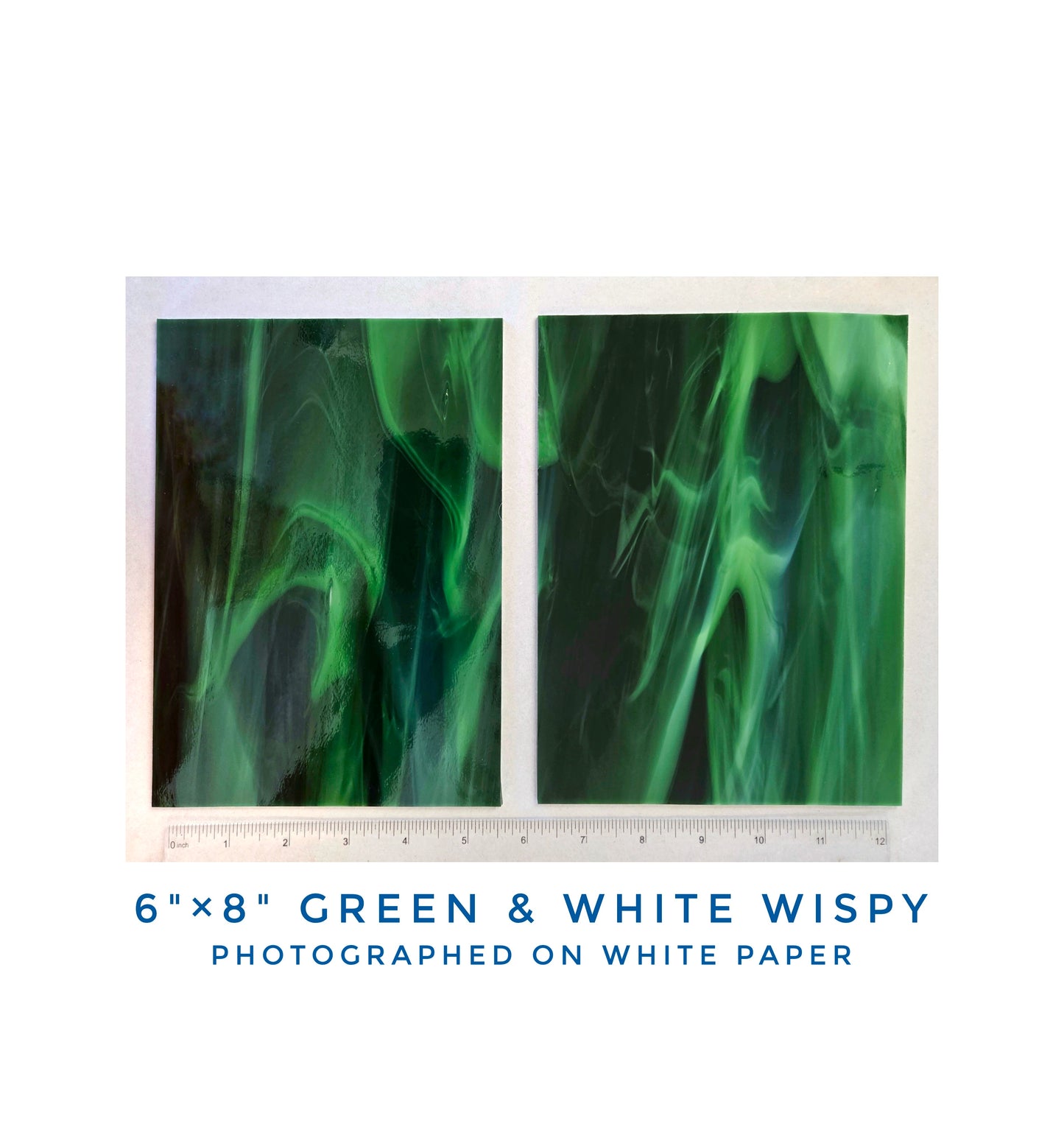 Green Stained Glass Sheets. DIY, Beginner, Advanced. Suncatchers or Mosaic Projects. Oceanside sheets 6"× 8"+- Wispy.