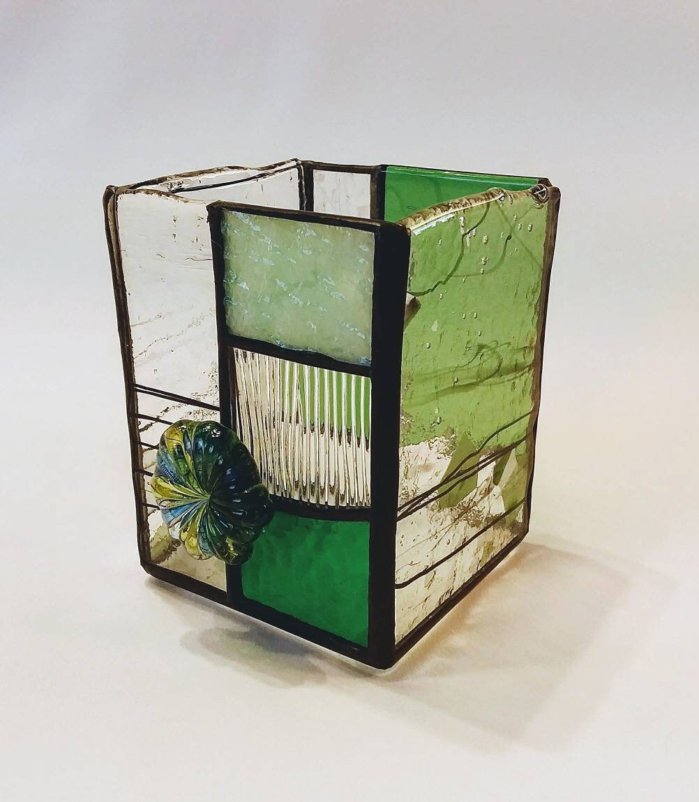 Stained Glass Box, votive candle shelter or pencil holder Elegant Office Organization for your desk, featuring a mouth blown glass flower