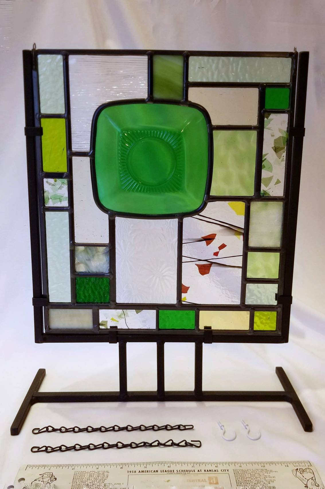 Stained Glass Panel with Vintage green saucer/Versatile window with black metal stand or with hooks & chain for hanging/Vintage Glasses