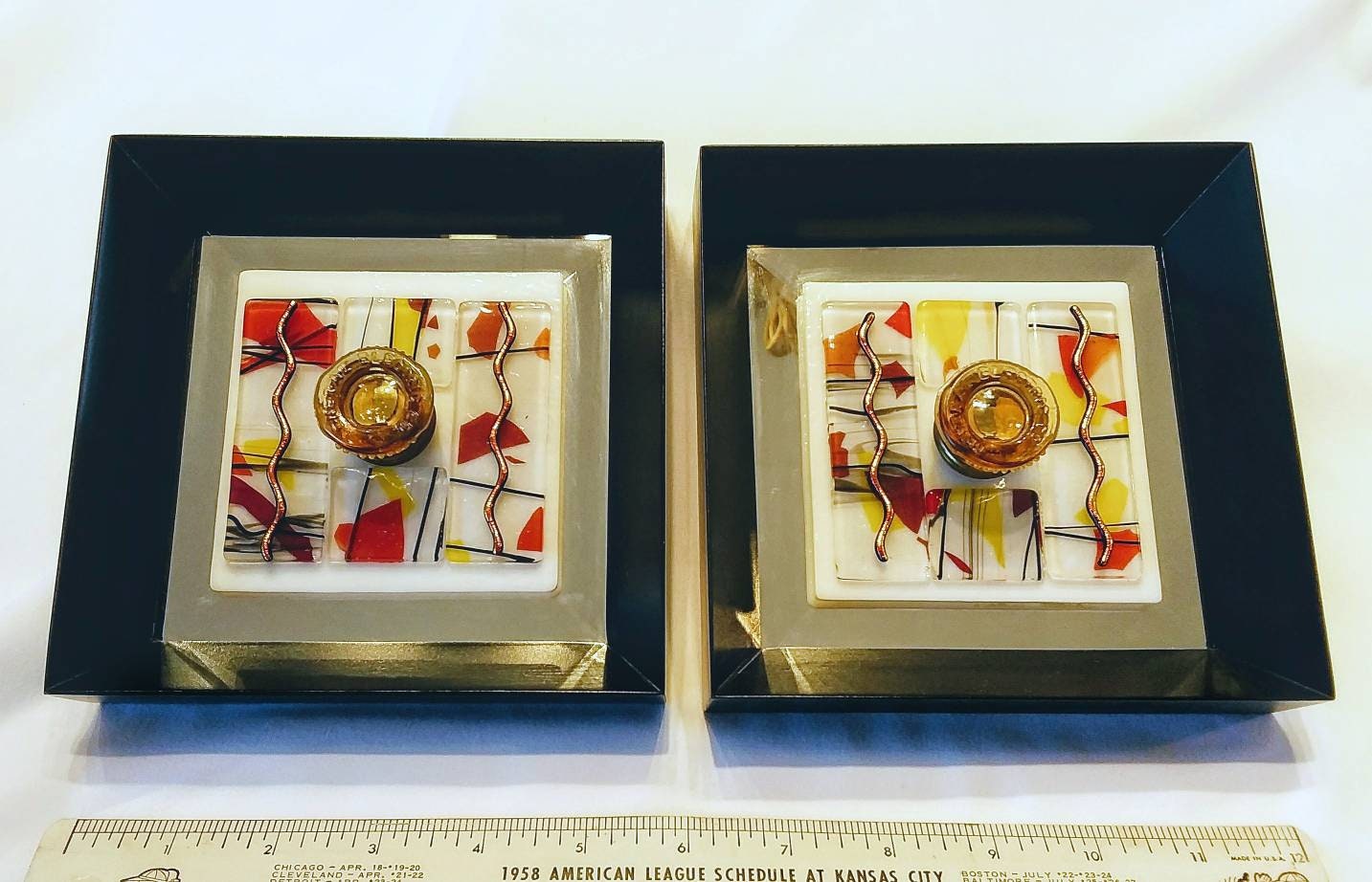 Fused Glass & Mirror Wall Art, Electrical Amber Glass Fuses, on my fused glass tile. Matched pair. A Manly Man gift! Office Decor