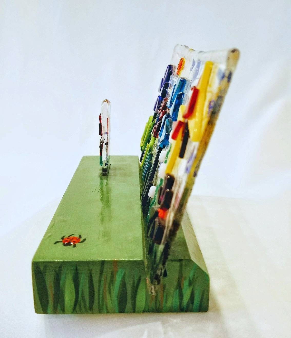 Garden Row of fused glass flowers & butterfly/painted wood base for Table Top, Desk or Window Ledge /Art Accent/Centerpiece