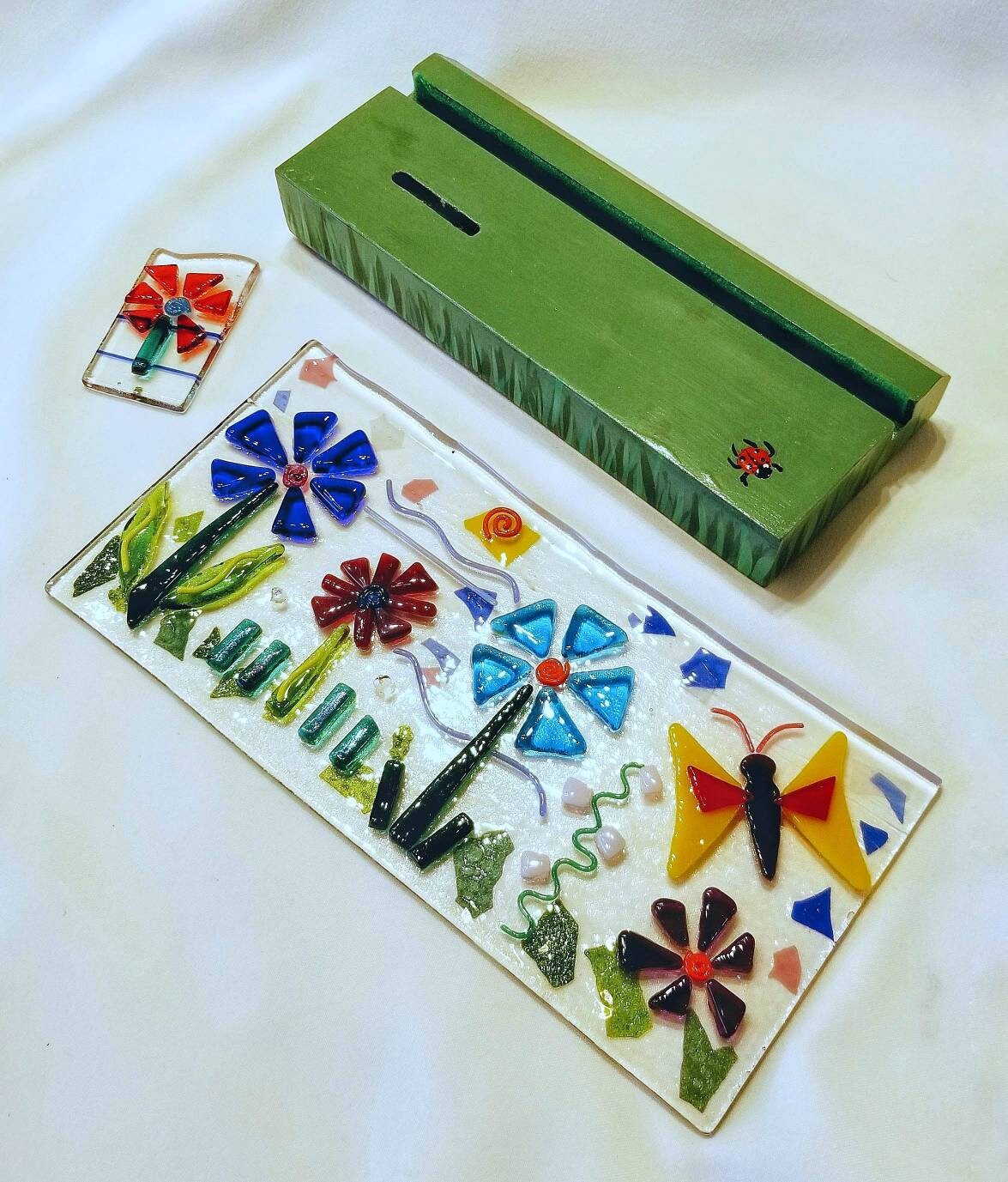 Garden Row of fused glass flowers & butterfly/painted wood base for Table Top, Desk or Window Ledge /Art Accent/Centerpiece