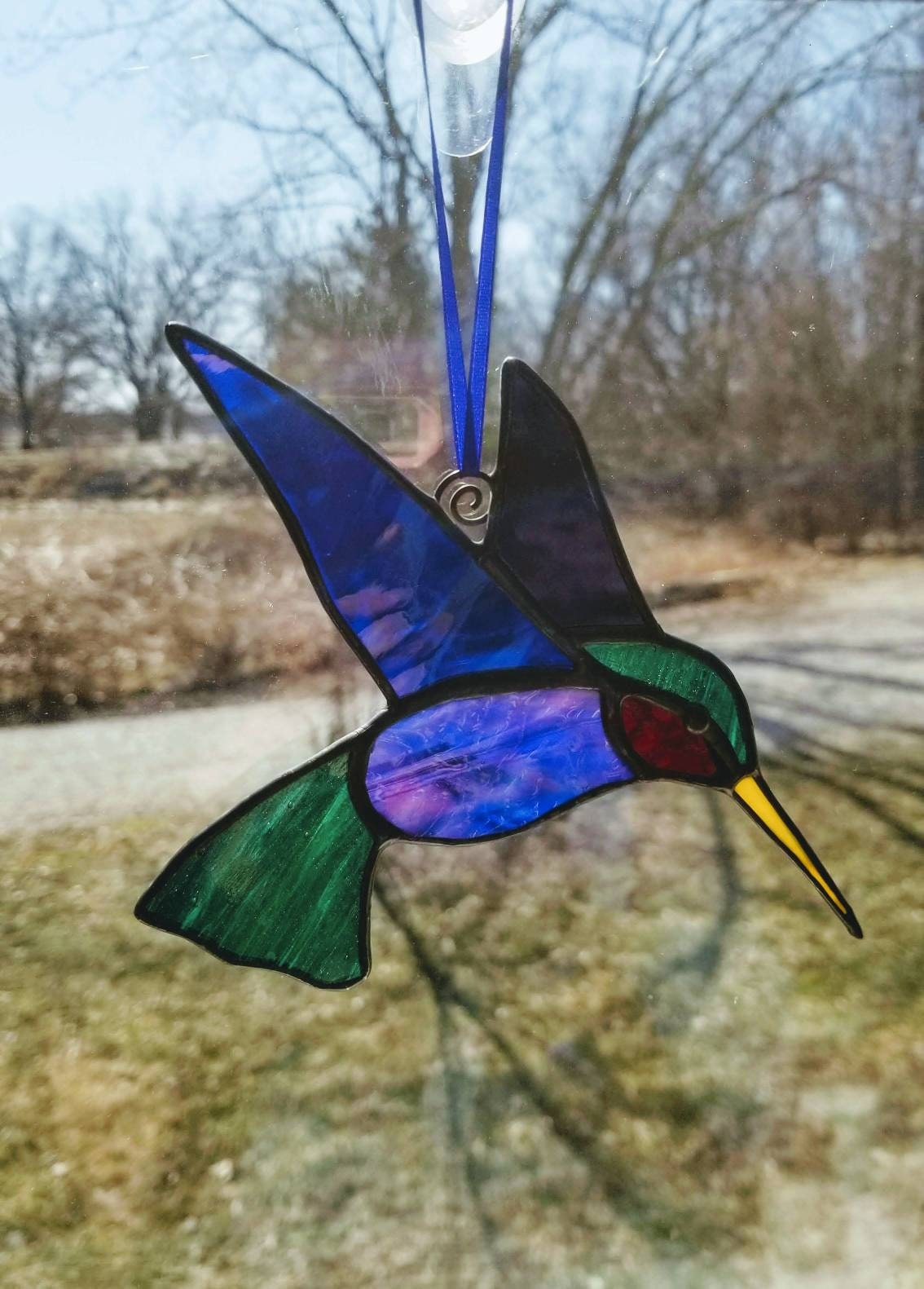 Glass Hummingbird Suncatcher. Stained Glass Window Hanging. Elegant and Handmade using vintage & newer sheets of glass. Pink, Purple, Blue.