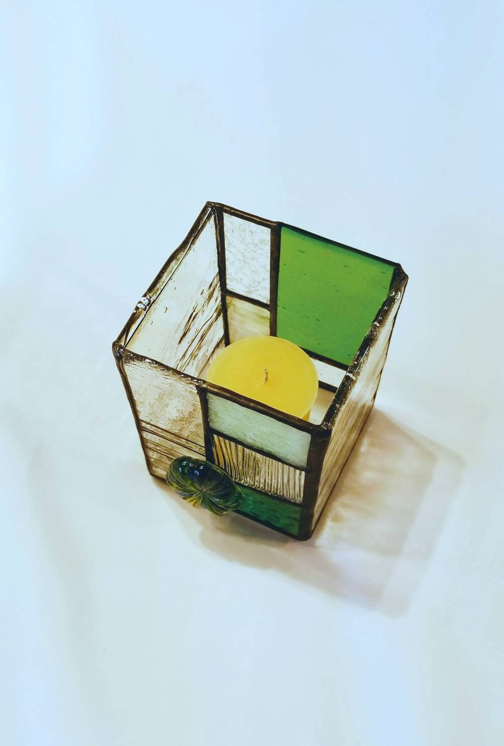 Stained Glass Box, votive candle shelter or pencil holder Elegant Office Organization for your desk, featuring a mouth blown glass flower