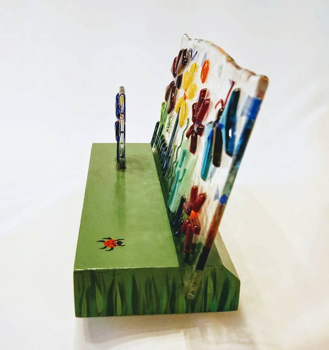 Fused Glass Flowers, 3 dimensional, Hand painted Base with Lady Bug & Green Grass. Table Top or Shelf Display. Free shipping, gift wrapped.