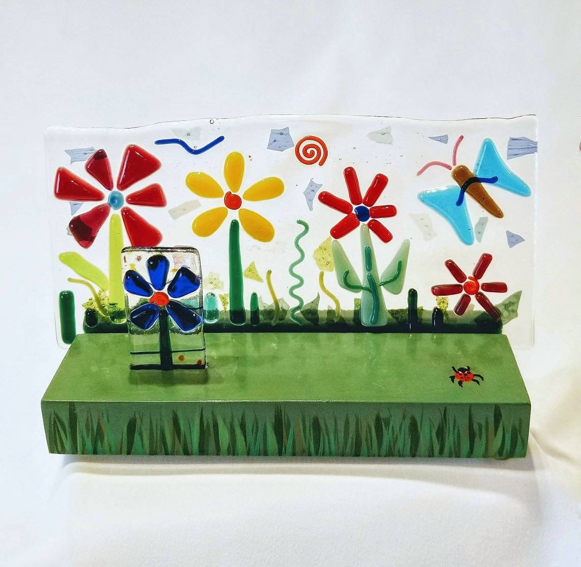 Fused Glass Flowers, 3 dimensional, Hand painted Base with Lady Bug & Green Grass. Table Top or Shelf Display. Free shipping, gift wrapped.