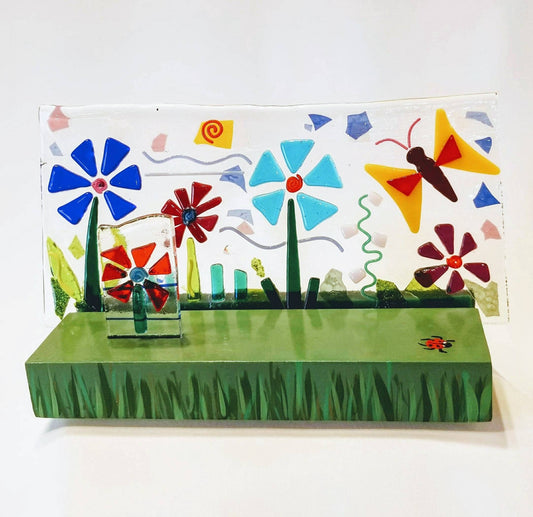 Garden Row of fused glass flowers & butterfly/painted wood base for Table Top, Desk or Window Ledge /Art Accent/Centerpiece