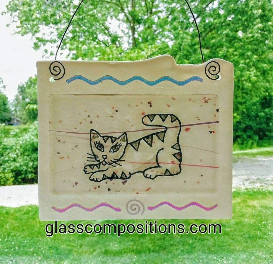 Cat painting, fused glass suncatcher. Kitty wall hanging with Zig Zag dichroic glass Shines bright, changes color from pink to blue to clear