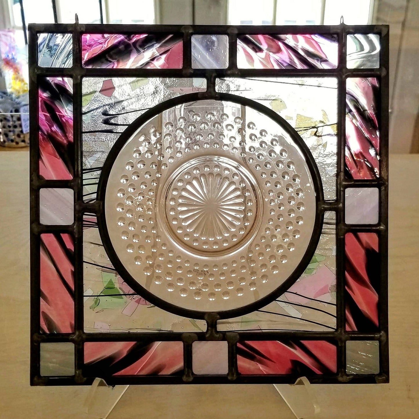 Retro Saucer, Surrounded by Unusual & Pretty Textures. Traditional Leaded Stained Glass Panel. Enlarge photo for sparkly glass details!