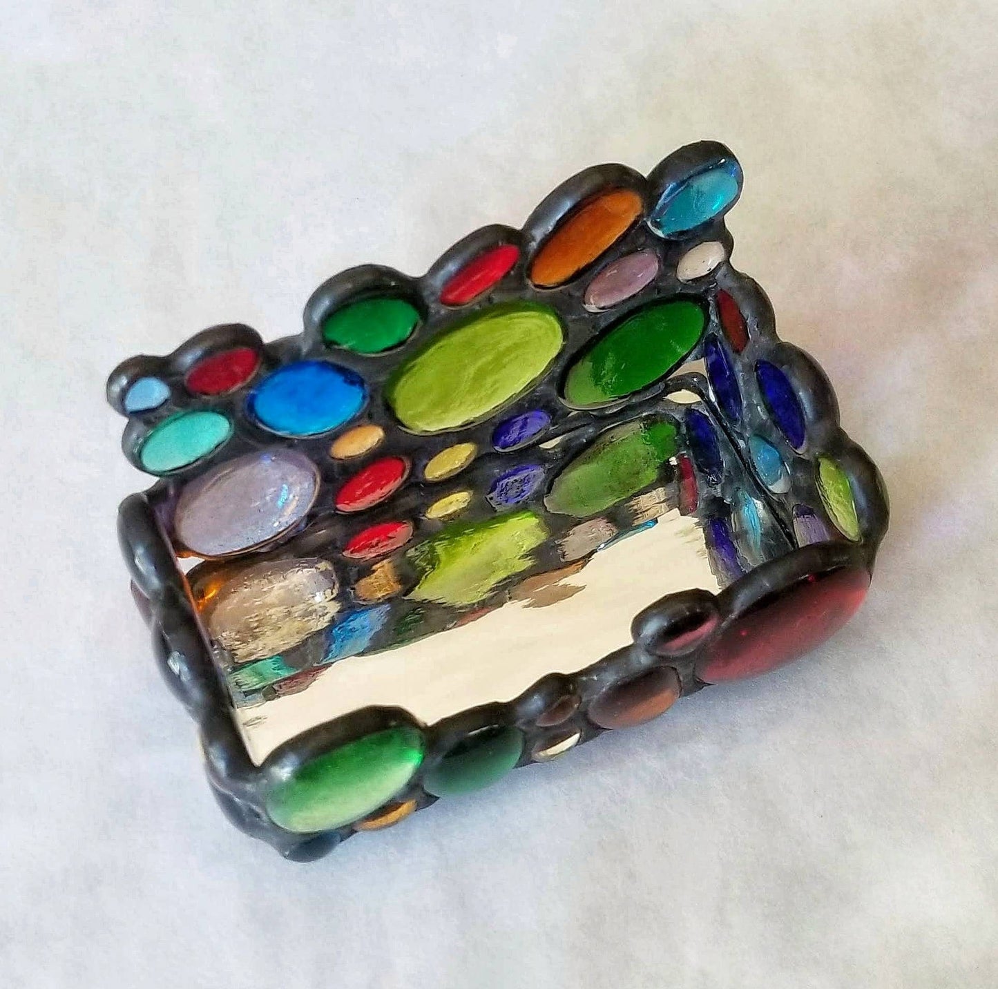 Business Card Holder for Desk. Stained Glass Gems sparkle on mirrored base. Secretary gift, home office decor. Stow notes & pens on counter.