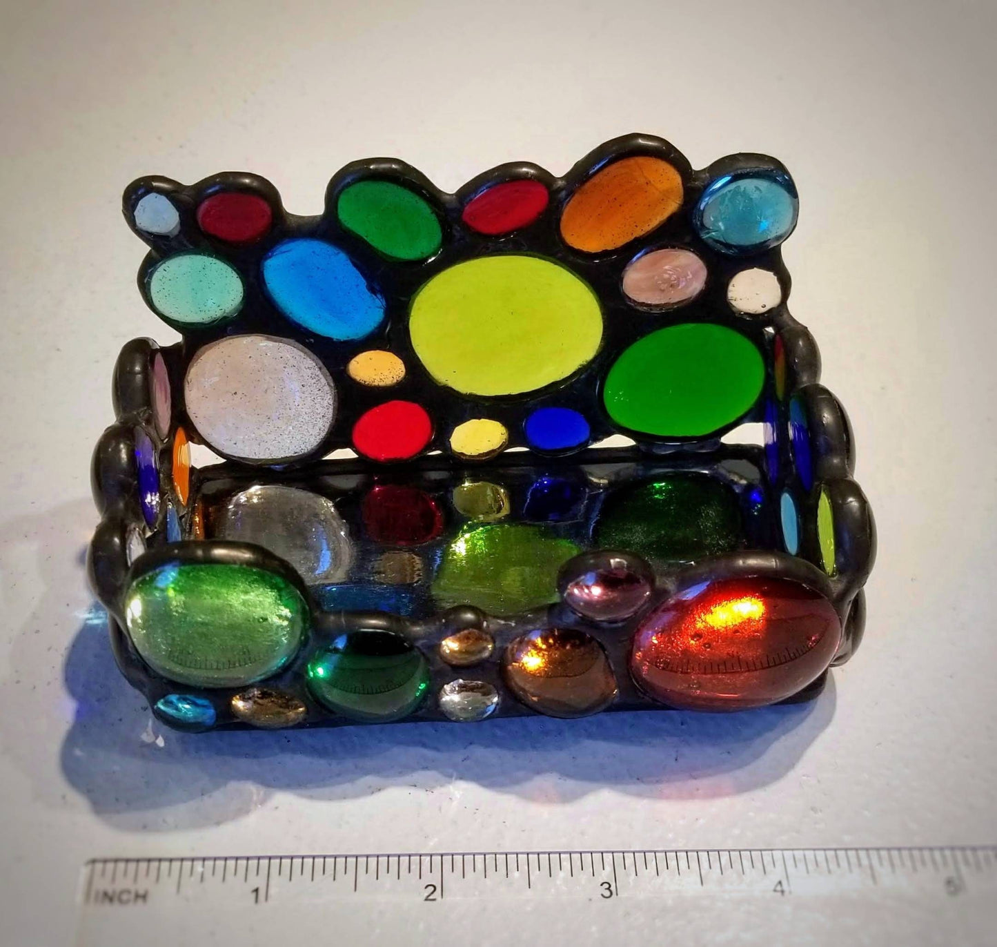 Business Card Holder for Desk. Stained Glass Gems sparkle on mirrored base. Secretary gift, home office decor. Stow notes & pens on counter.