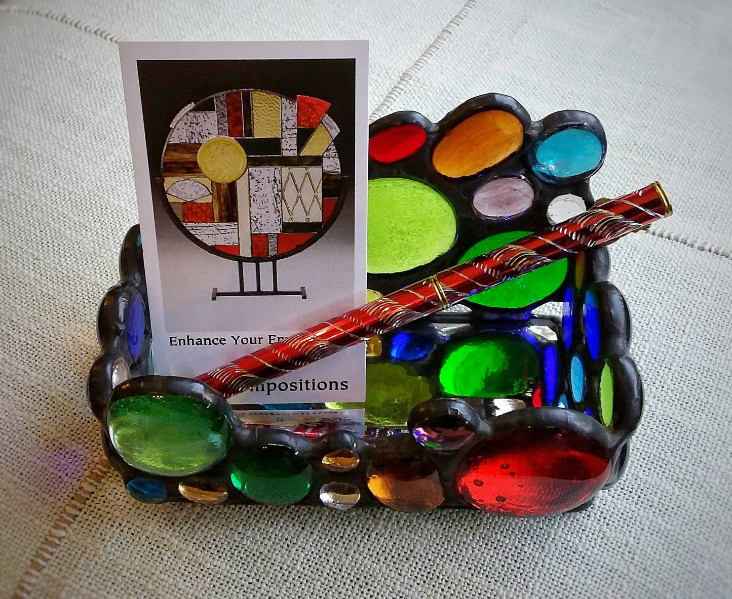 Business Card Holder for Desk. Stained Glass Gems sparkle on mirrored base. Secretary gift, home office decor. Stow notes & pens on counter.
