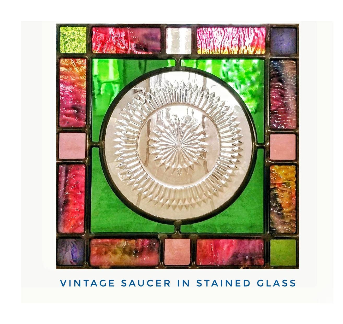 Glass Art Window Hanging. 10" Square. 1940's Era Vintage Glassware, Pink Anniversary Pattern. Depressionware Collectors Saucer.
