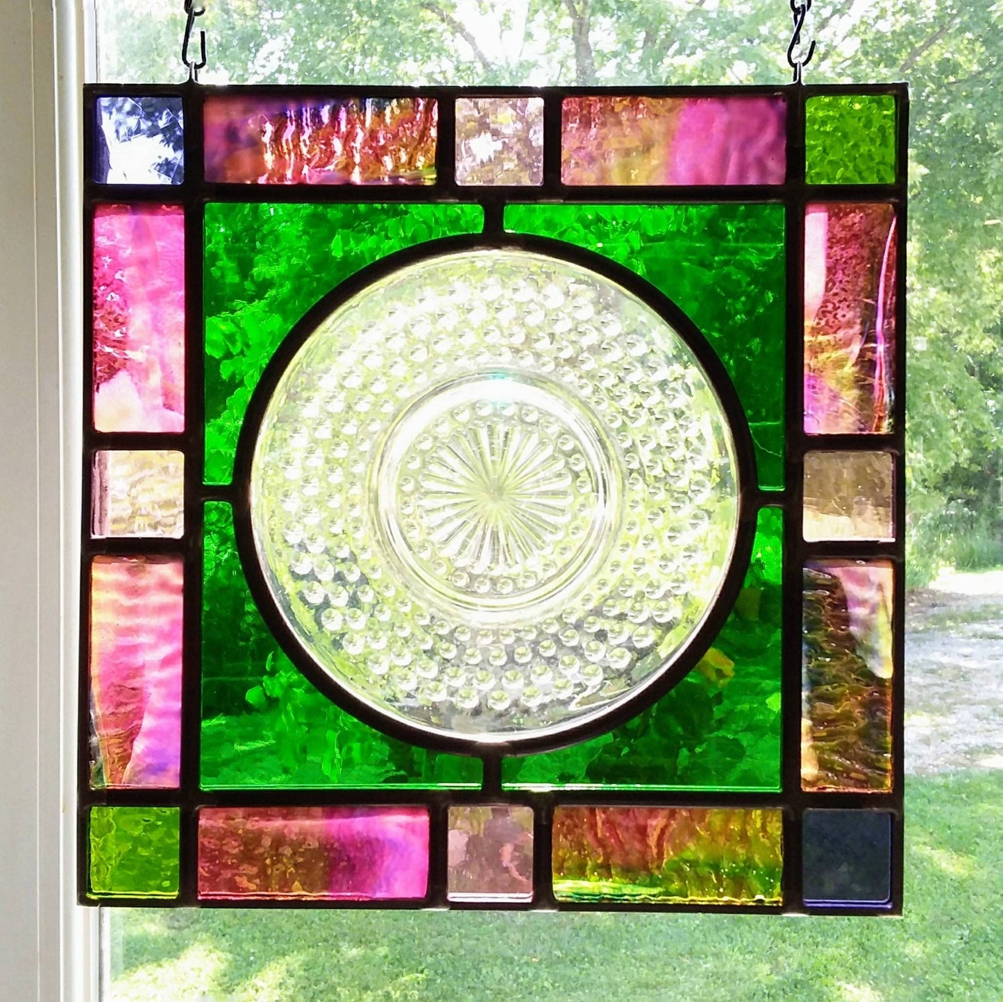 Pink Stained Glass Window Hob Nail Saucer/Depression Era vintage plate, displayed in traditional lead came 10"×10" includes gift wrap