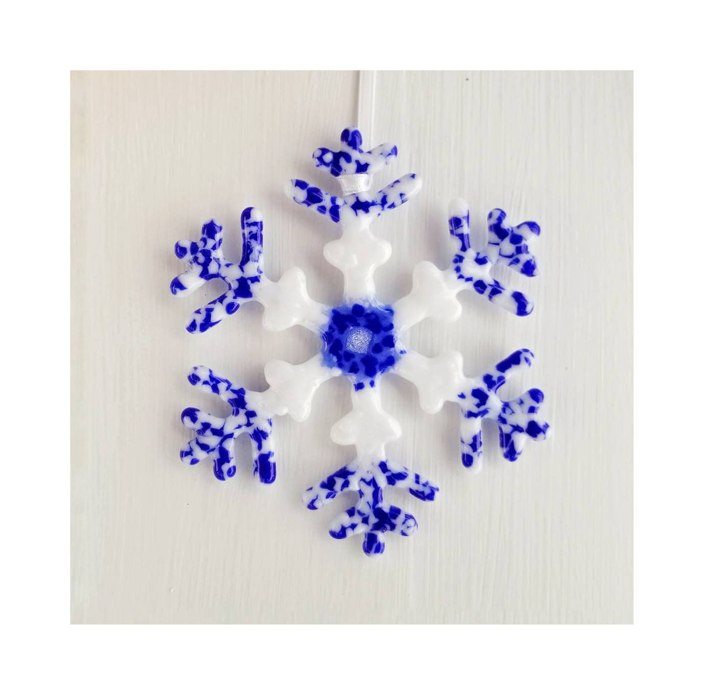 Winter Snowflake Ornament, Kiln Fused Glass, Cobalt Blue & White. Thoughtful gifts for Christmas or Hanauka. Includes Clear padded gift box.