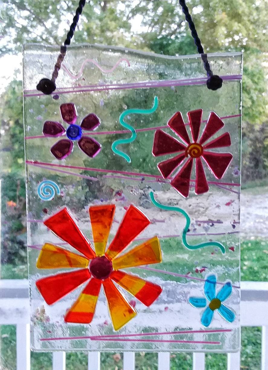 Flower Suncatcher window hanging, fused glass daisies Cranberry/Orange/Purple/Torchworked/Flameworked Glass Embellishments