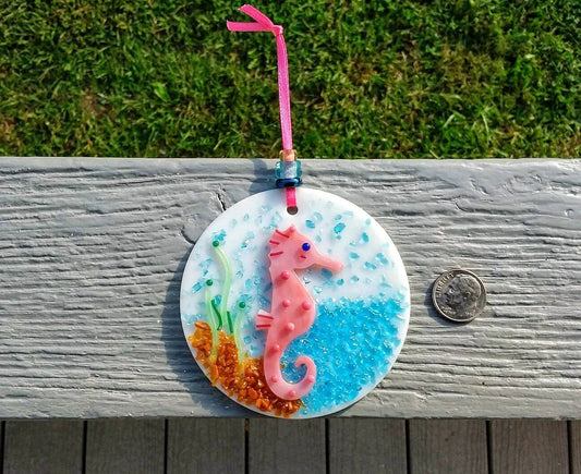 Suncatchers, Seahorse, Set of 2. Fused Glass Art. Small Colorful Accent Decor, Ornaments, Wall Art. 3" in. each separately gift boxed.