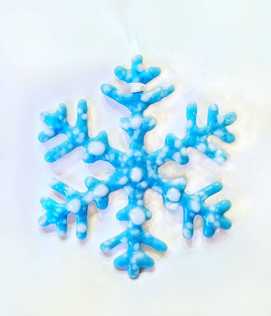 Snowflake Christmas Decoration. Tree, Wreath Ornament. Cyan Blue & White, Fused Glass Suncatcher. Chanukah, Christmas in July