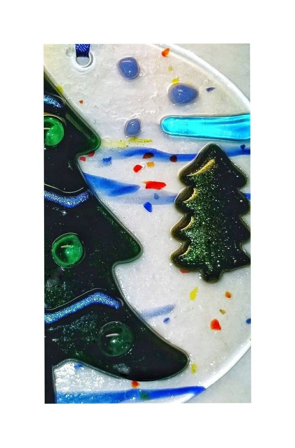 Forest Green Tree Ornament, Kiln Fired Fused Glass with Beads. Christmas Evergreen Pine Free shipping, gift boxed.