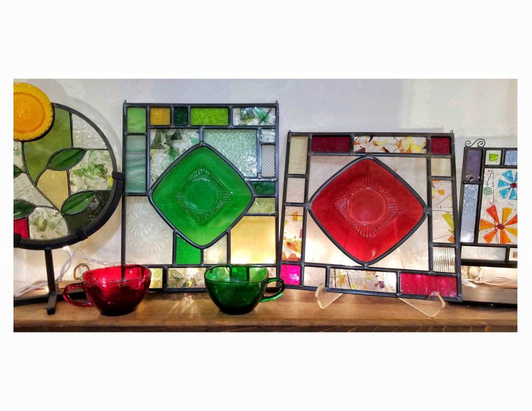 Stained Glass Window Hanging. Mid Century vibe. A pretty Green Saucer, now serves as the centerpiece of this  came panel. Vintage home decor