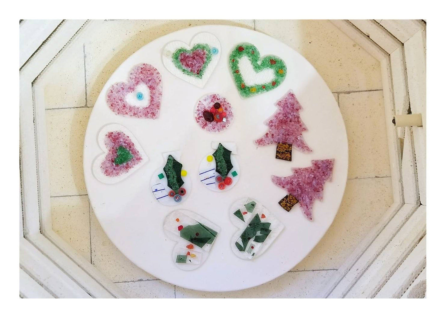 Heart Shaped Wreath. Fused Glass Ornament, Suncatcher. Red & Light Green crushed glasses are kiln fired onto clear glass. Handmade by me.